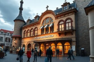 A Plzeň Sörmúzeum épülete külső nézetből, látogatók a bejáratnál.