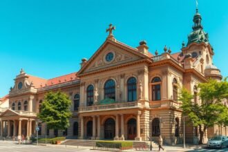 A J.K. Tyl Színház neoreneszánsz épülete Plzeňben, Csehországban.