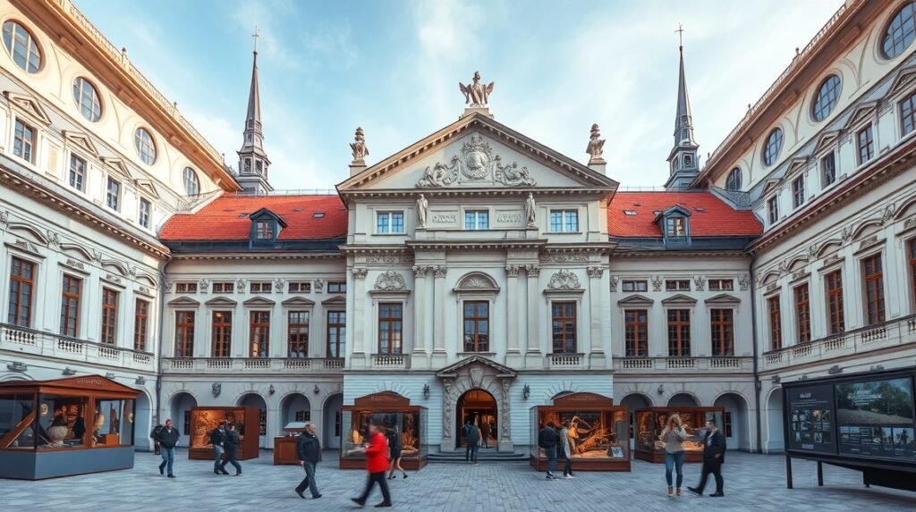 A Nyugat-csehországi Múzeum épülete Plzeňben, látogatók a tárlatok előtt.