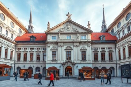 A Nyugat-csehországi Múzeum épülete Plzeňben, látogatók a tárlatok előtt.