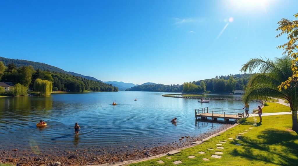 Boleveci tavak szép napos időben, emberek csónakáznak és fürdenek.