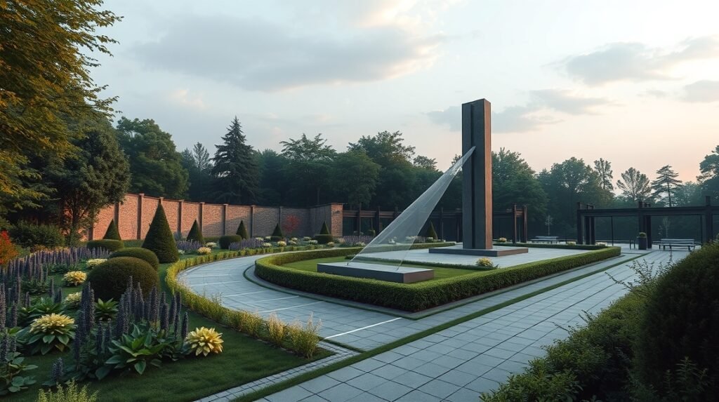 A Meditációs Kert Plzeňben, csendes szépség, emlékművel.