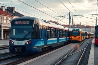 Plzeň helyi közlekedési eszközök: villamosok és vonat a megállóban