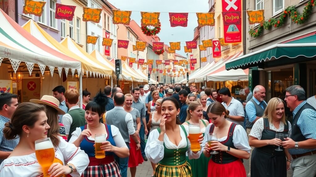 Közönség ünnepli a Pilsner Fest sörfesztivált Plzeňben tradicionális öltözetekben.