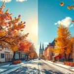 Tavaszi és őszi táj Plzeňben, virágzó fák és színes levelek.