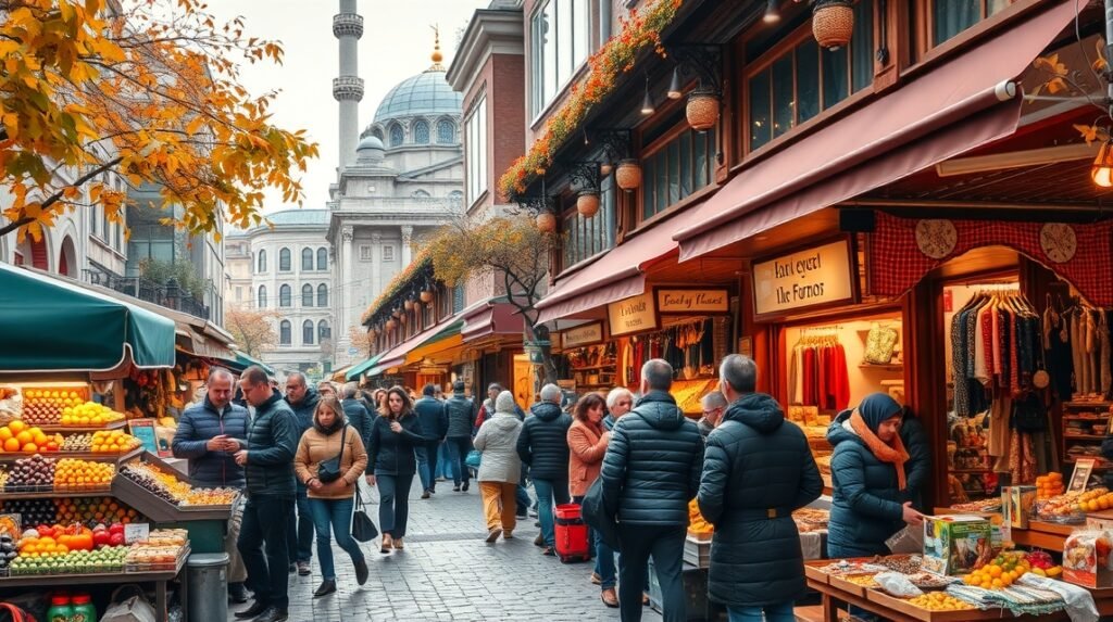 Isztambuli bazár őszi időszakban, vásárlókkal és színes árusokkal.