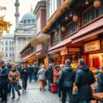 Isztambuli bazár őszi időszakban, vásárlókkal és színes árusokkal.