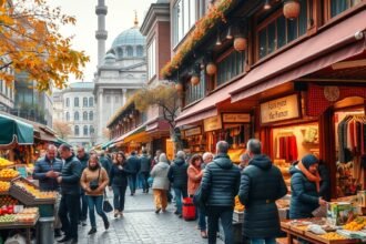 Isztambuli bazár őszi időszakban, vásárlókkal és színes árusokkal.