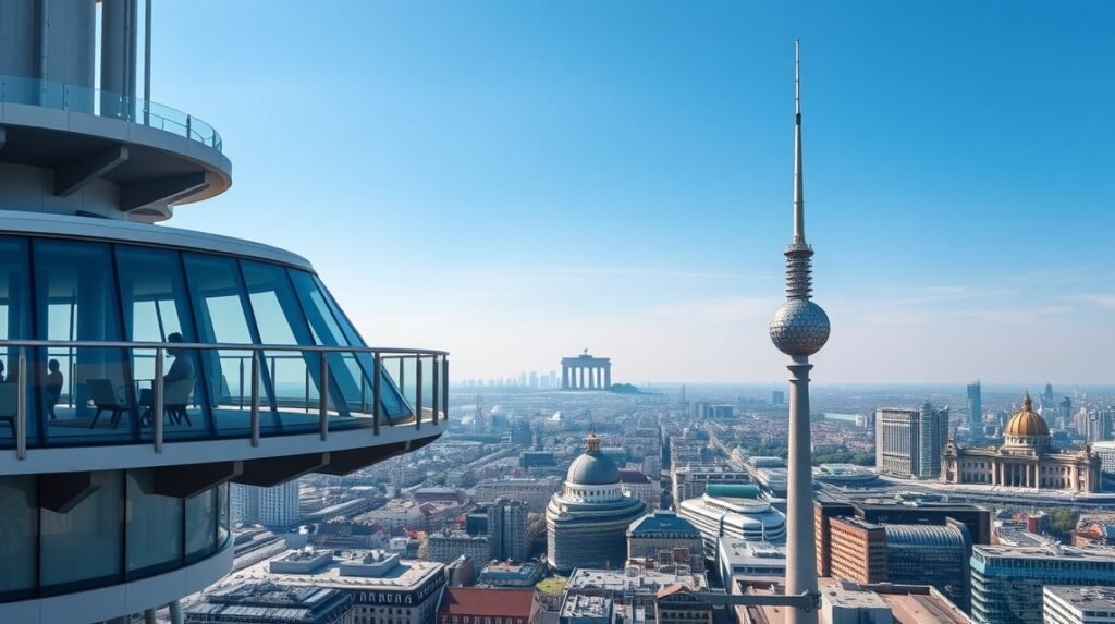 Kilátás a Berlini Tévétoronyból, lenyűgöző panorámával Berlin felett.
