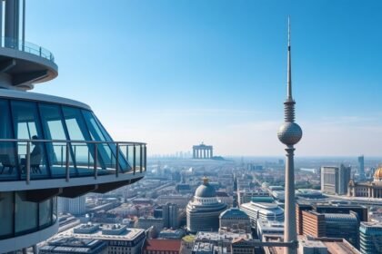 Kilátás a Berlini Tévétoronyból, lenyűgöző panorámával Berlin felett.