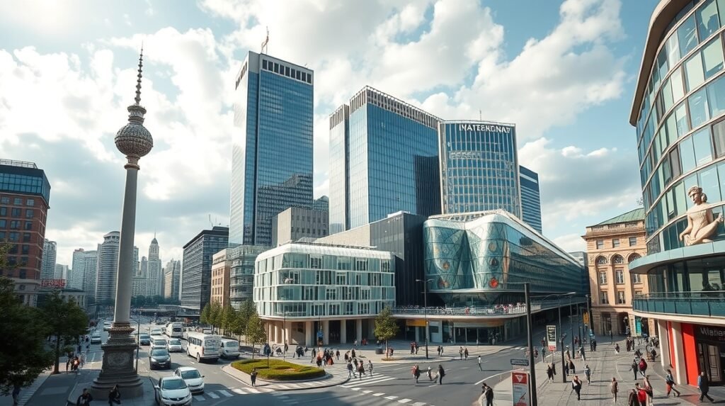 A Potsdamer Platz modern építészete Berlinben - üveg- és acélépületek.