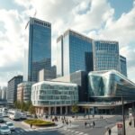 A Potsdamer Platz modern építészete Berlinben - üveg- és acélépületek.