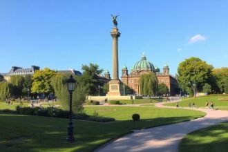 A Győzelmi oszlop a berlini Tiergarten parkban, zöldellő fákkal körülvéve.