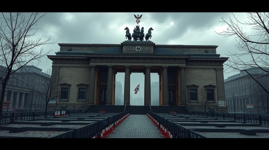 A Brandenburgi kapu Berlinben, sötét felhős időben, emlékhely.