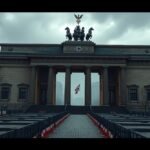 A Brandenburgi kapu Berlinben, sötét felhős időben, emlékhely.