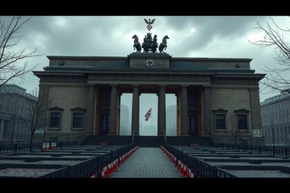 A Brandenburgi kapu Berlinben, sötét felhős időben, emlékhely.