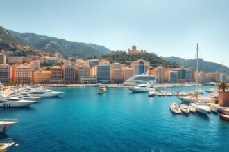 Monaco kikötőjének panorámaképe a Francia Riviérán