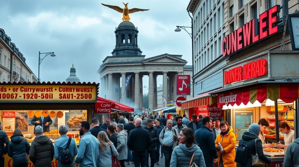 Berlin utcai étkezési jelenet Currywursts és Döner Kebabbal