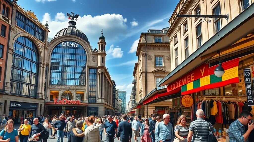 A KaDeWe áruház Berlin szívében, vásárlókkal és boltívekkel.