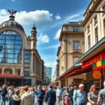 A KaDeWe áruház Berlin szívében, vásárlókkal és boltívekkel.