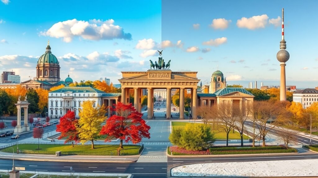 Berlin látkép az őszi színekben, a Brandenburgi kapu és a TV-torony.