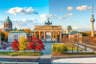 Berlin látkép az őszi színekben, a Brandenburgi kapu és a TV-torony.