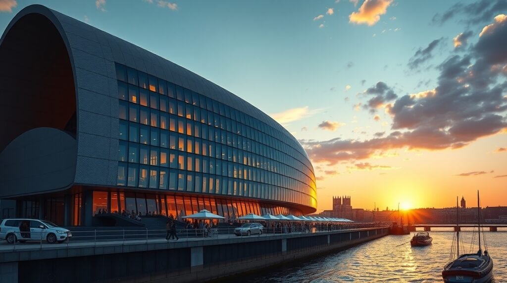 Az Elbphilharmonie koncertterem Hamburgban naplementében