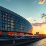 Az Elbphilharmonie koncertterem Hamburgban naplementében