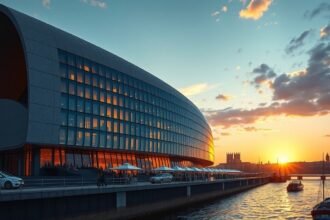 Az Elbphilharmonie koncertterem Hamburgban naplementében