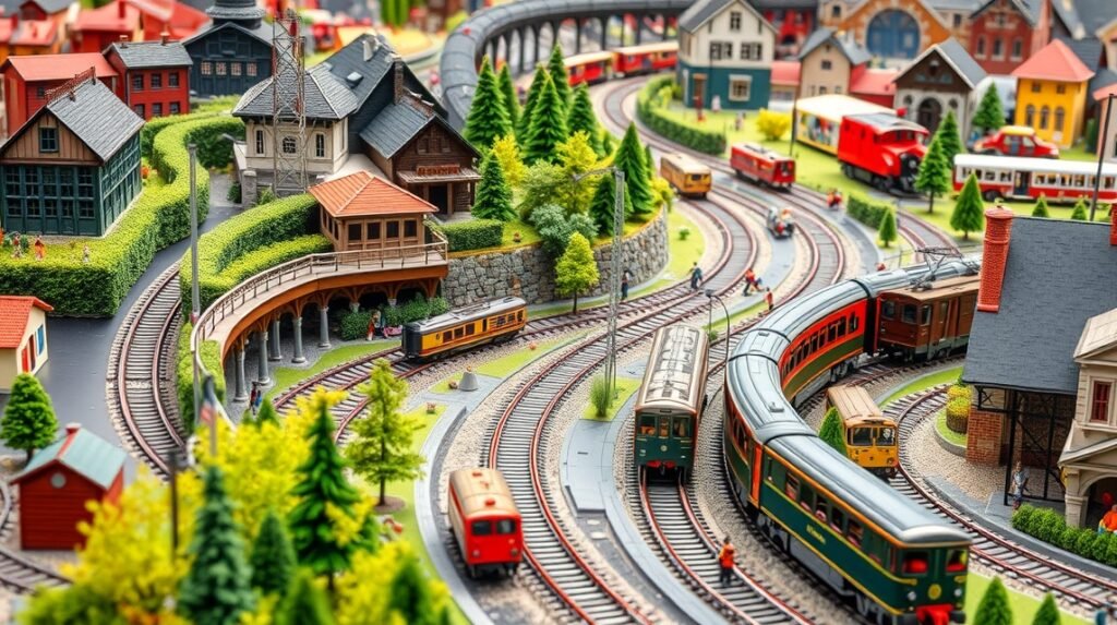 Miniatur Wunderland vasútmodell részletei Hamburgban, élethű tájakkal.