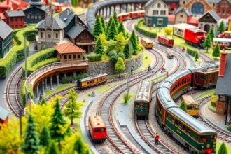 Miniatur Wunderland vasútmodell részletei Hamburgban, élethű tájakkal.