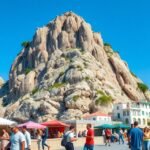 Gibraltár Majmok Sziklájának látványa turisták között.