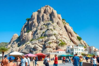 Gibraltár Majmok Sziklájának látványa turisták között.