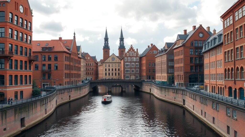 Vöröstéglás épületek a Speicherstadtban Hamburgban, nézőpont a csatornáról