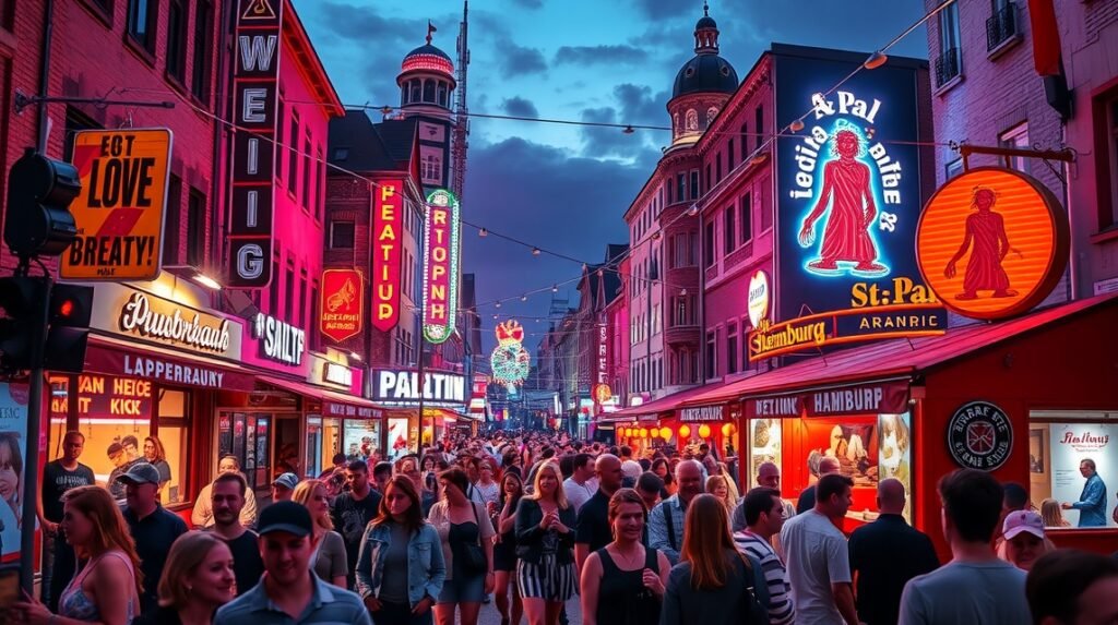 A Reeperbahn neonfényes utcája Hamburg St. Pauli negyedében.