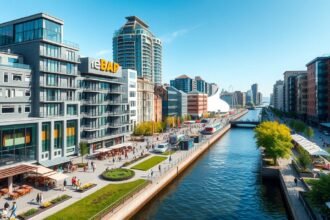 HafenCity sétány és modern épületek Hamburgban