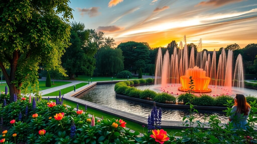 Planten un Blomen park vízi játékok Hamburgban a naplementében