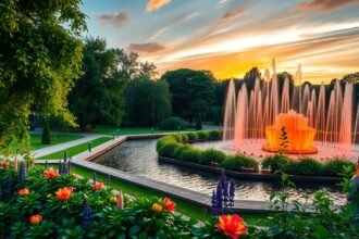 Planten un Blomen park vízi játékok Hamburgban a naplementében