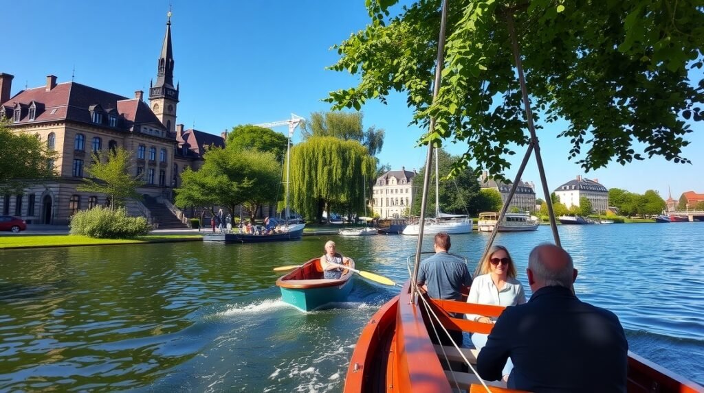 Csónakázás az Alster-tavakon Hamburg zöld szívében