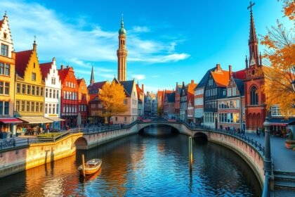 Brugge csatornája és történelmi házak késő őszi időszakban