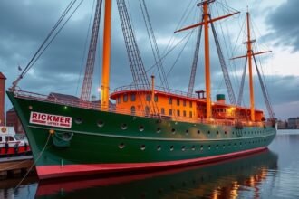 Rickmer Rickmers múzeumhajó Hamburg kikötőjében éjszaka