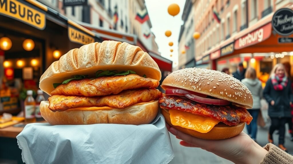 Két ízletes halas szendvics Hamburg szívében, a Fischbrötchen és egy szezámmagos hamburger.