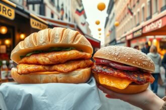 Két ízletes halas szendvics Hamburg szívében, a Fischbrötchen és egy szezámmagos hamburger.
