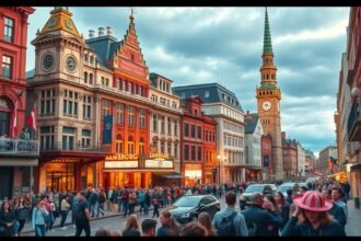 Hamburg városkép, színháznegyed és pezsgő utcai élet