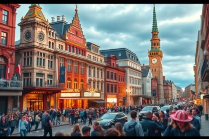 Hamburg városkép, színháznegyed és pezsgő utcai élet