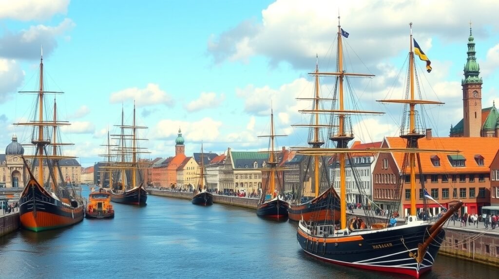 Hamburg kikötője történelmi hajókkal és épületekkel.