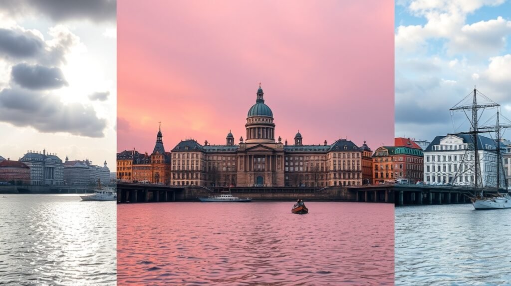 Hamburg panoráma különböző időjárási viszonyokkal