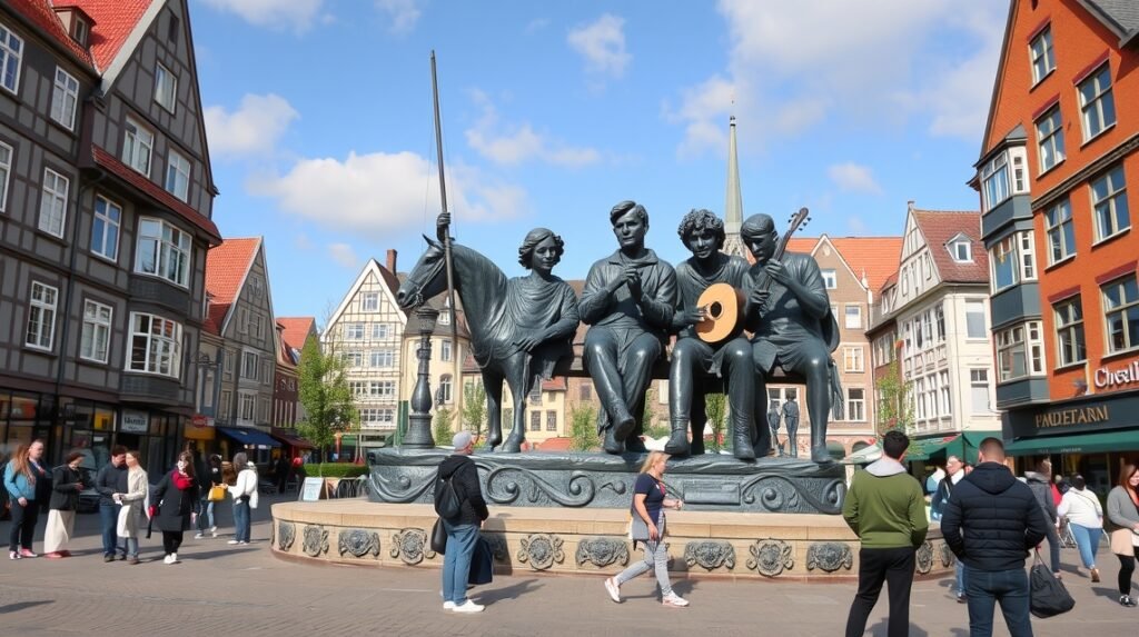 A Brémai muzsikusok szobra Brémában, Németországban.