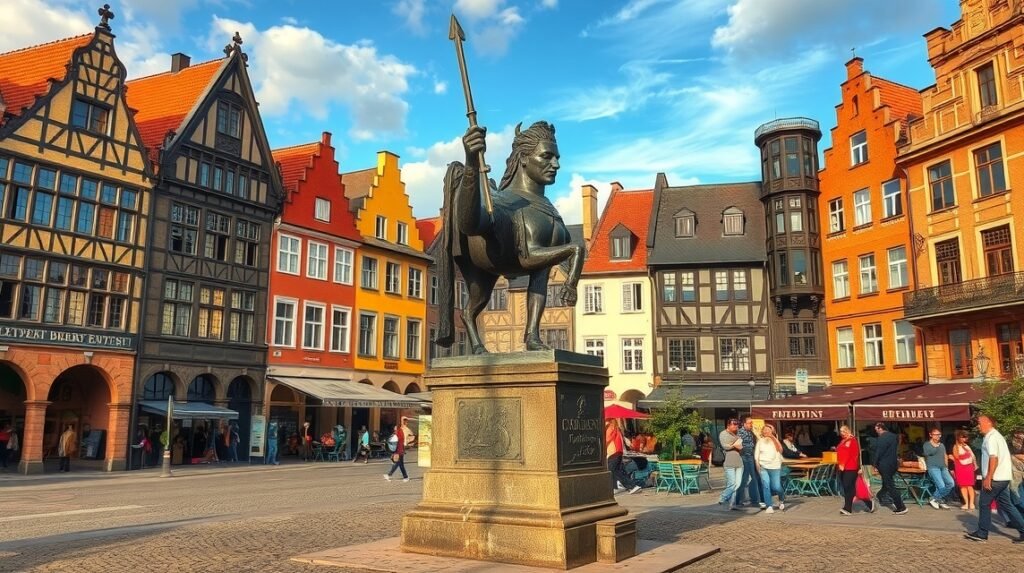 Roland-szobor Brémában a Marktplatzén, színes épületek között.