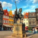 Roland-szobor Brémában a Marktplatzén, színes épületek között.